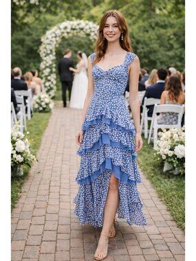 Free People Moon River Maxi Dress Women's Sz M Tiered Ruffled Strappy Wedding